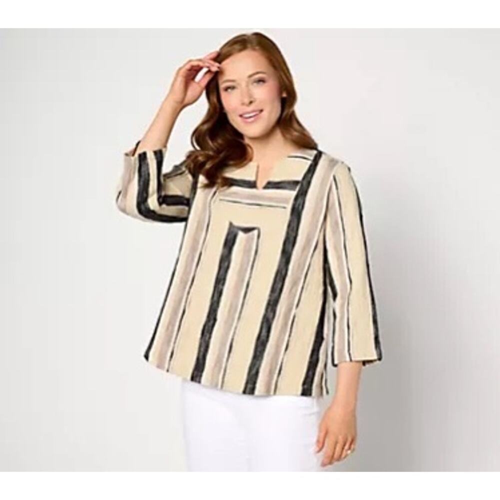 LOGO Lori Goldstein Beach to Street Stripe Pullover Top Size L Cream Black Gray